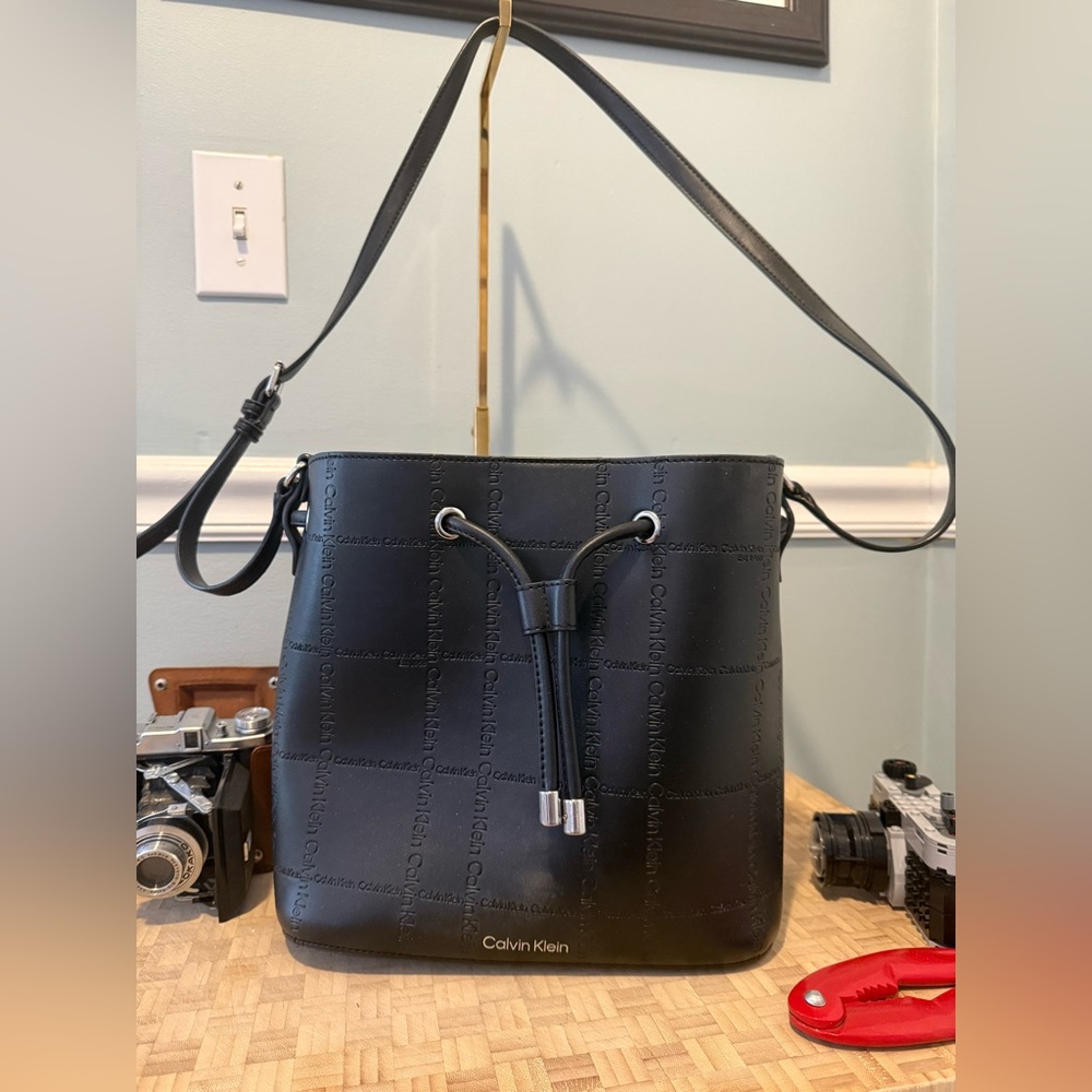Calvin Klein Large Black Embossed Bucket Crossbody Bag In Great Used Condition